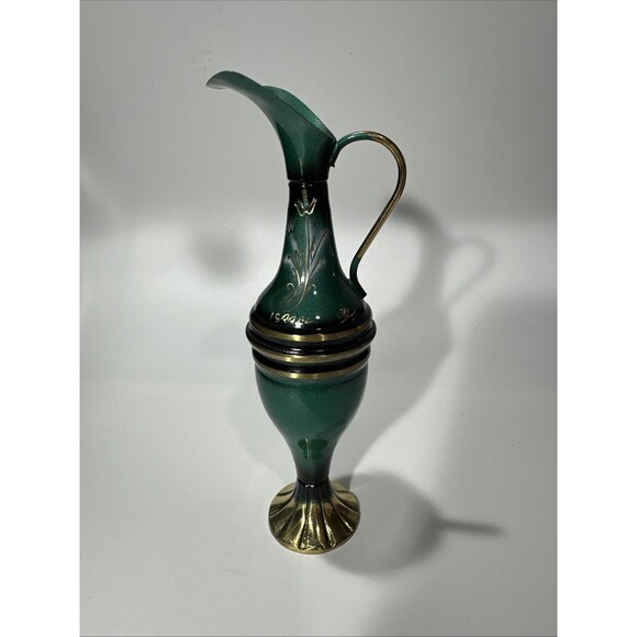 Vintage Green Brass & Enamel Ewer Pitcher – Hand Painted – Israel 6.5” - Picture 1 of 7